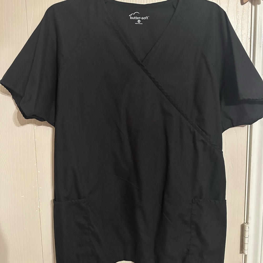 EUC and one new in package Butter-Soft Black Scrub Top with tie in back